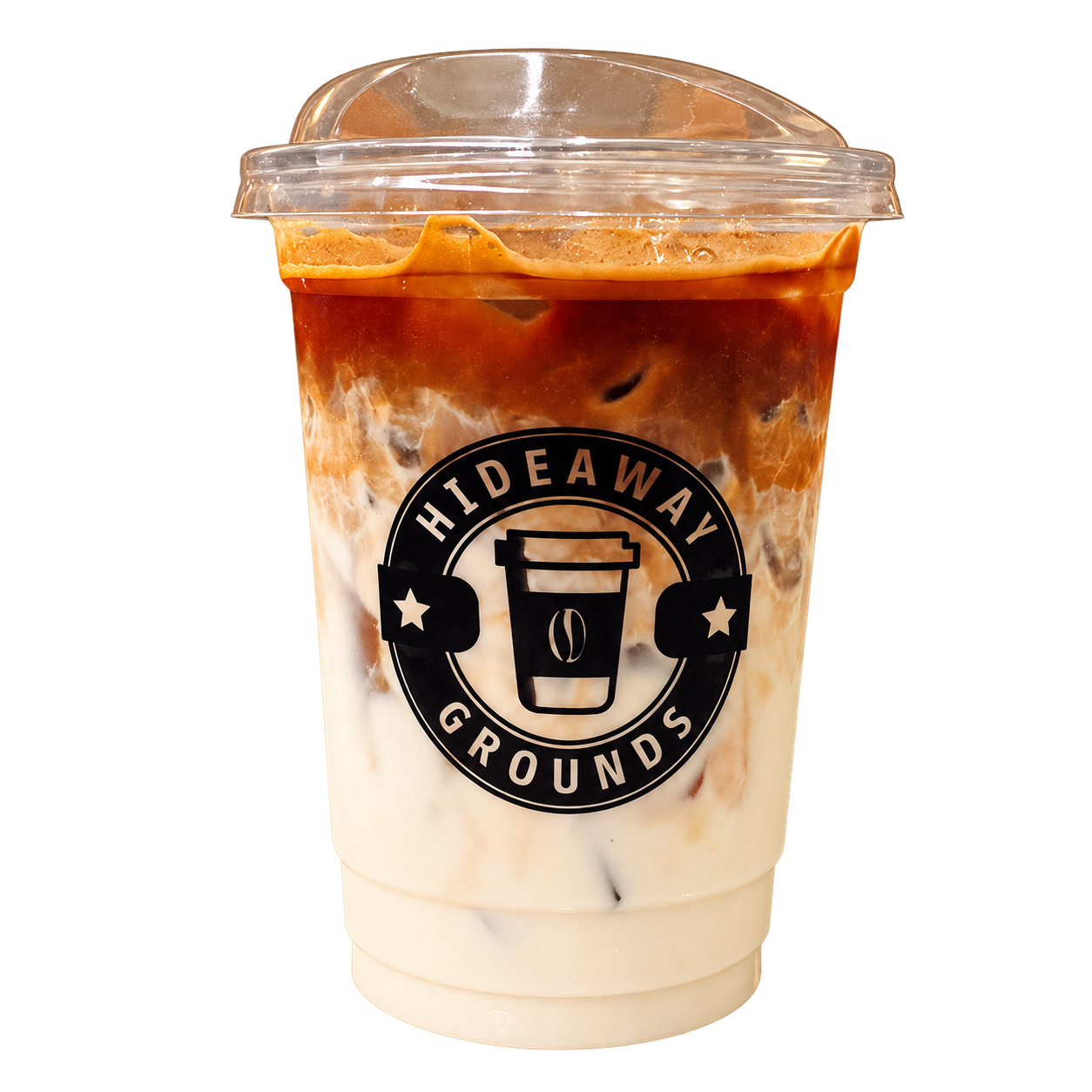Hideaway Grounds iced coffee cup with official shop logo, isolated from its original photograph
